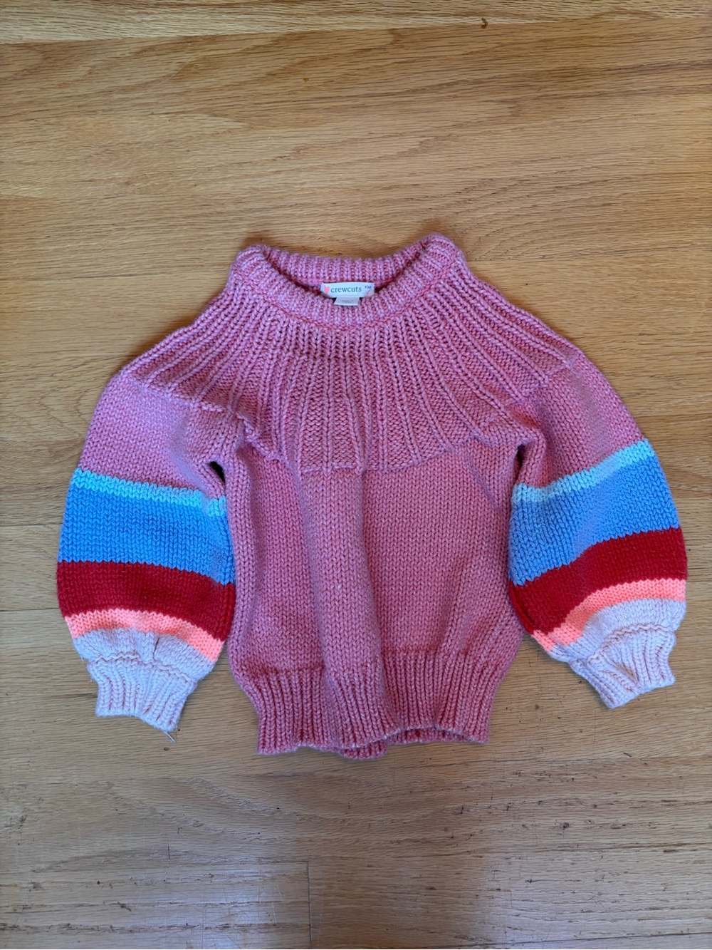Crewcuts Pink Balloon-Sleeve Turtleneck Sweater with Multi-Color Stripes